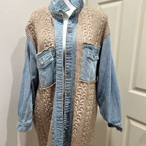 Blue and Tan Sweater with Crochet Knit and Denim Details